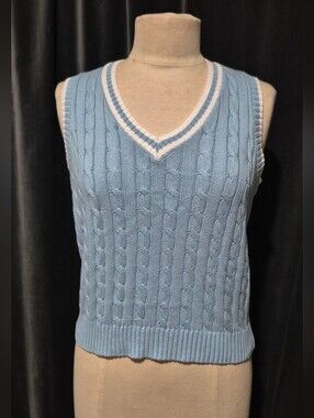 Brandy Melville Light Blue Cable Knit V-Neck Sweater Vest with White Trim (Box C